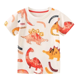 Kids cotton t-shirt with colorful cartoon dinosaur prints and red contrast crew neck