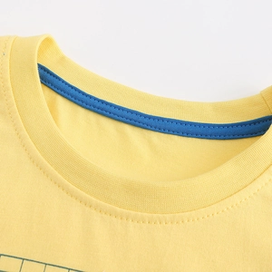 Yellow crew neck cotton kids T-shirt with reinforced blue neck tape and stitching detail