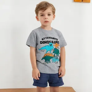 Dettaglio completo completo estivo bimbo con t-shirt dinosauro grigia e pantaloncini