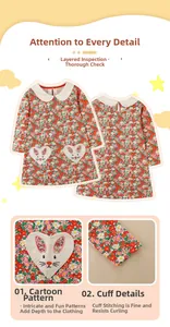 Détail de robe fleurie rouge pour fille avec poches cœur lapin et col Peter Pan blanc