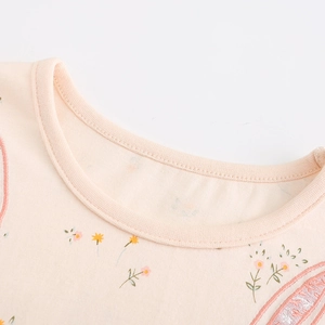 Pink cartoon embroidered tulle princess dress for girls with floral knit collar details