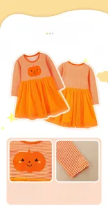 Close-up of Halloween girls dress with pumpkin face print and orange mesh tutu skirt