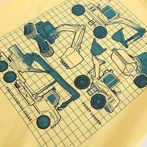 Boys yellow cotton t-shirt with crane print and technical blueprint design