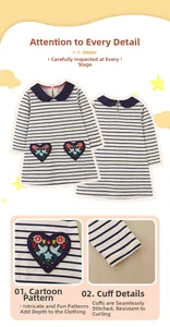 Détail d'une robe rayée pour fille avec broderie cœur et col Claudine bleu marine doux