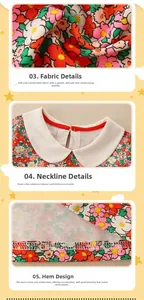 Détails d'une robe fleurie pour fille montrant le col Claudine et la texture du coton