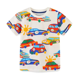 Boys short sleeve cotton t-shirt featuring colorful all-over cartoon car prints on off-white fabric