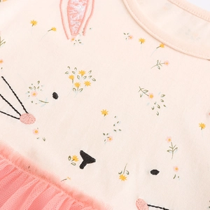 Pink toddler girl dress with cartoon rabbit embroidery and layered tulle skirt mesh