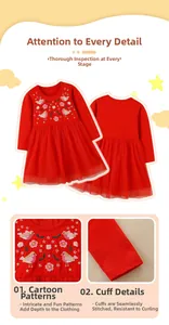 Detail of red tulle dress showing delicate bird embroidery and high-quality stitching