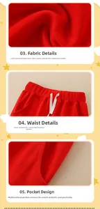 Détails du pantalon rouge pour enfants montrant le tissu en coton et le cordon