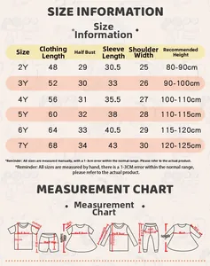 Detailed size chart for girls' Christmas tree dress including height and bust measurements