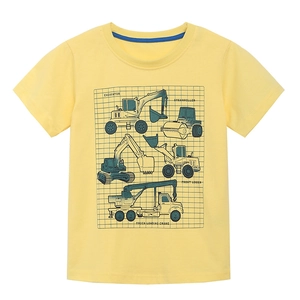 Bright yellow cotton kids T-shirt with colorful construction vehicle graphics