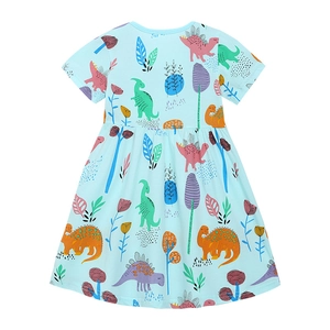 Robe en coton bleu clair pour fille avec des imprimés colorés de dinosaures et fleurs