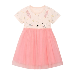 Pink toddler girl tutu dress with cute cartoon bunny embroidery and tiered mesh skirt