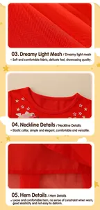 Detail of red tulle girl dress featuring exquisite bird and star embroidery on the neckline