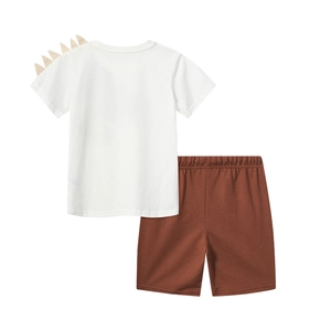 Boys summer cotton white T-shirt with dinosaur fin and brown shorts two-piece outfit