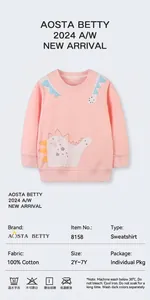 Detail of pink cotton girl sweatshirt with dinosaur embroidery and size chart labels