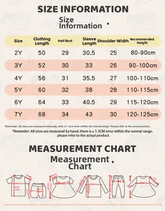 Size guide table for girls Halloween tulle dress showing measurements from 2Y to 7Y sizes