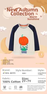 Close-up of kids 100% cotton tee with frog on pumpkin balloon print and raglan sleeves