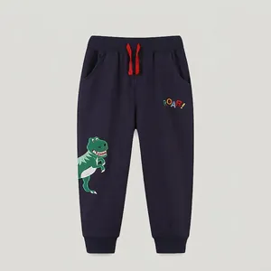Boys Cotton Joggers With Dinosaur Embroidery Elastic Waist Navy Blue Sweatpants For Toddler Kids Casual Sports Long Pants