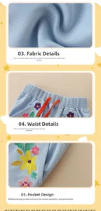 Detalle de pantalones deportivos azul claro para niña con bordado floral y cintura ajustable