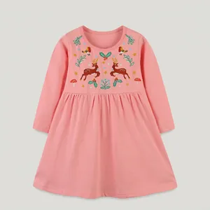 Girls Christmas Reindeer Embroidered Long Sleeve Knit Cotton Dress Cartoon Animal Bird Pink Princess A-Line Party Dress