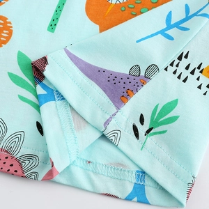 Robe fille en coton à manches courtes avec imprimé dinosaure et maille bleue