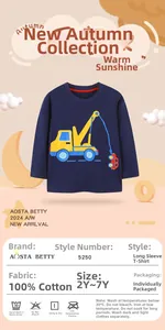 Detail of navy cotton boy long sleeve shirt featuring a bright yellow crane print