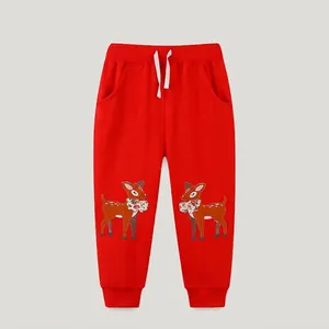 Pantalon de Jogging Brodé Renne de Noël pour Enfants Joggers en Coton Rouge pour Garçons et Filles Pantalon Décontracté Doux