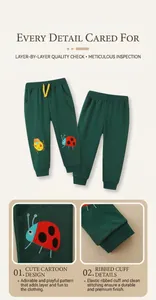 Detail of kids' dark green joggers featuring colorful beetle embroidery and ribbed cuffs