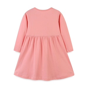 Pink long-sleeve knit cotton girl's dress with pleated skirt and round neck, back view