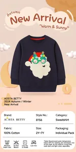 Detailed view of kids navy cotton sweatshirt with Santa Claus embroidery and festive glasses