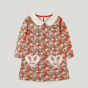 Robe à Manches Longues avec Imprimé Floral pour Filles Col Claudine Poche en Cœur Broderie Lapin Robe de Princesse en Coton