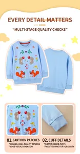 Close-up of kids light blue sweatshirt with cute cartoon embroidery and ribbed cuffs