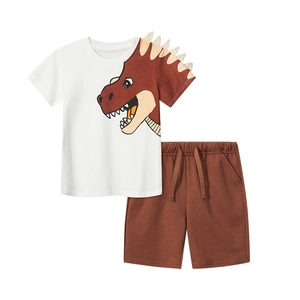 Boys summer cartoon dinosaur T-shirt and shorts set with 3D design on white background