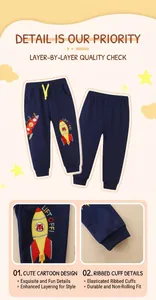 Detail of navy blue kids joggers with cartoon rocket embroidery and yellow drawstring