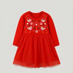 Girls Embroidered Long Sleeve Dress Red Mesh Princess Tulle Skirt Cotton Knit Bird Flower Pattern Kids Autumn Party Dress