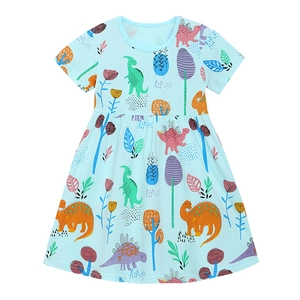 Robe d'été en coton bleu clair pour fille avec motifs de dinosaures et arbres