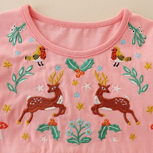 Pink knit dress for girls featuring exquisite Christmas reindeer and bird embroidery