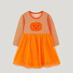 Girls Halloween Pumpkin Long Sleeve Dress Orange Striped Mesh Tutu Princess Dress For Toddler Kids Costumes Party Wear
