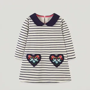 Robe Rayée à Manches Longues pour Filles avec Col Claudine 100% Coton Brodé Poche Cœur Bleu Marine Blanc Robe Princesse