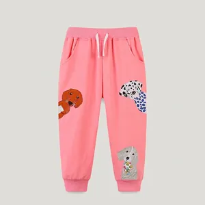 Pantalon de Jogging en Coton Rose pour Filles Broderie Chien Motif Animal Dessin Animé Pantalon Décontracté pour Enfants