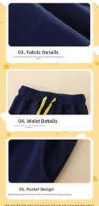 Detail of navy cotton sweatpants with elastic waistband and yellow contrast drawstring