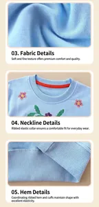 Detail of light blue girls sweatshirt featuring floral embroidery and ribbed crew neck