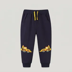 Boys Cotton Cartoon Excavator Embroidery Sweatpants Navy Blue Elastic Waist Joggers Comfortable Sporty Trousers For Kids