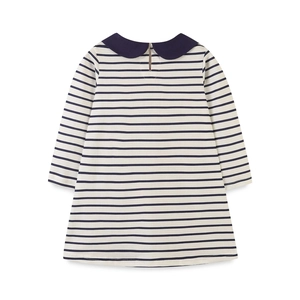 Robe rayée à manches longues pour filles avec col Peter Pan bleu marine en coton doux