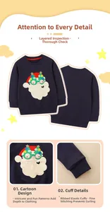 Detail of navy cotton sweatshirt with Santa Claus embroidery and ribbed cuffs