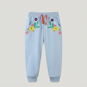 Lichtblauwe katoenen sportbroek voor meisjes met bloemenborduursel en trekkoord