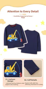 Detail of excavator print and elastic cuffs on navy long-sleeved toddler t-shirt