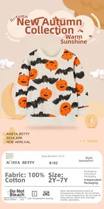 Close-up of 100% cotton kids Halloween sweatshirt with pumpkin and bat prints