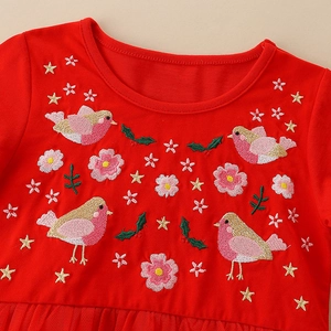 Red girl princess dress with floral and bird embroidery and soft tulle mesh details